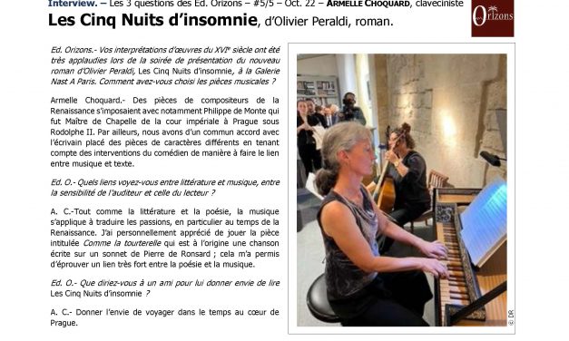 Interview d’Armelle Choquard, claveciniste, par les Editions Orizons sur l’ouvrage « Les Cinq Nuits d’insomnie », d’Olivier Peraldi